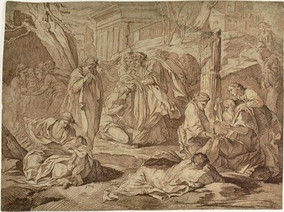 Een Heilige Kleedt de Armen Onder de Puinhopen van een Aardbeving door Edmé Bouchardon