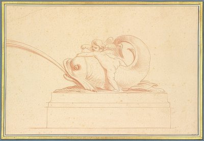 Water spuwende dolfijn naar links met een amorette door Edmé Bouchardon