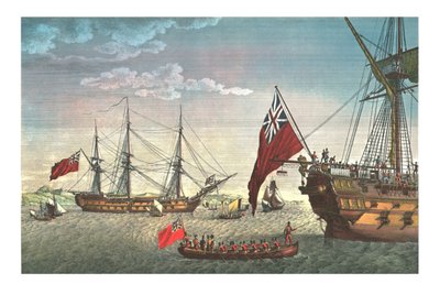 Napoleon gaat aan boord van de Northumberland voor zijn reis naar Sint-Helena, 8 augustus 1815, ca. 1850 door Edme Bovinet