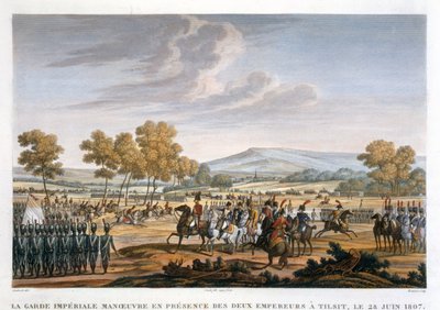 De Keizerlijke Garde manoeuvreert in aanwezigheid van de twee keizers in Tilsit, 28 juni 1807 door Edme Bovinet