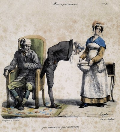 Zieke, dokter kijkt in de pot en bediende. Cartoon van Parijse zeden door Pigal (19e eeuw), bewaard in het Musée Dobree in Nantes. door Edme Jean (after) Pigal