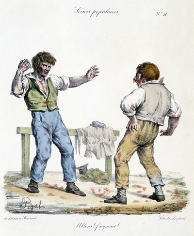 Populair tafereel met twee vechtende mannen. Karikatuur door Pigal (19e eeuw). door Edme Jean Pigal