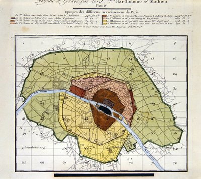 (detail) Atlas du Plan General de la Ville de Paris, toont de verschillende toevoegingen door de geschiedenis heen aan de stad door Edme Verniquet
