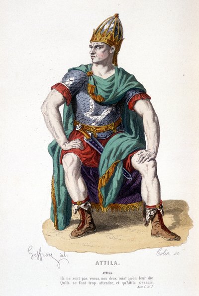 Het personage van Attila in de tragedie Attila - Volledig Theater: (Collectie van toneelstukken van Corneille) tekening door Geffroy, gravure door Colin - ed. Laplace, Sanchez et Cie, Parijs 1884 door Edmond Aime Florentin Geffroy