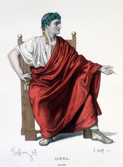 Het personage Augustus in de tragedie Cinna (of de genade van Augustus) - Volledig theater: (Compendium van toneelstukken van Corneille) tekening door Geffroy, gravure door L. Wolff - ed. Laplace, Sanchez et Cie, Parijs 1884 door Edmond Aime Florentin Geffroy