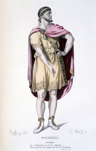 Het personage van Nicomede in de tragedie Nicomede - Compleet theater: (Collectie van toneelstukken door Corneille) tekening door Geffroy, gravure door L. Wolff - ed. Laplace, Sanchez et Cie, Parijs 1884 door Edmond Aime Florentin Geffroy