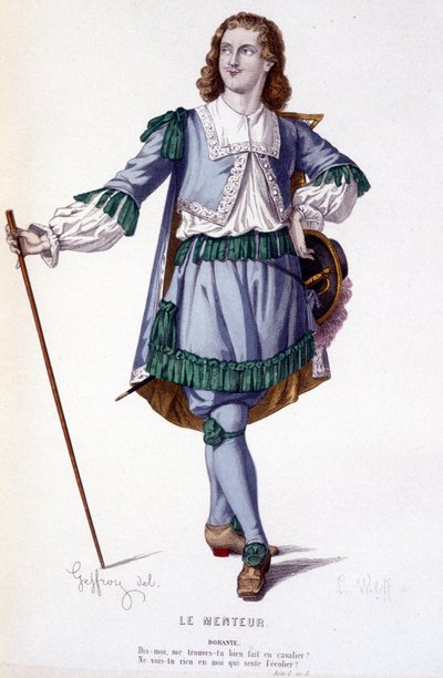 Het personage Dorante in de komedie Le Menteur - Volledig Theater: (Collectie van toneelstukken door Corneille) tekening door Geffroy, gravure door L. Wolff - ed. Laplace, Sanchez et Cie, Parijs 1884 door Edmond Aime Florentin Geffroy