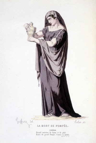 Het personage Cornelie in het toneelstuk La mort de Pompee - Volledig Theater: (Verzameling toneelstukken van Corneille) tekening door Geffroy, gravure door Colin - uitgegeven door Laplace, Sanchez et Cie, Parijs 1884 door Edmond Aime Florentin Geffroy
