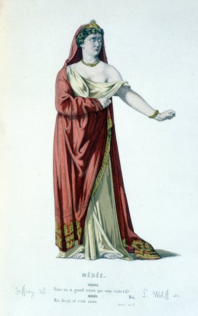 Het personage van Medee in de tragedie Medee - Compleet theater: (Collectie van toneelstukken door Corneille) tekening door Geffroy, gravure door L. Wolff - ed. Laplace, Sanchez et Cie, Parijs 1884 door Edmond Aime Florentin Geffroy