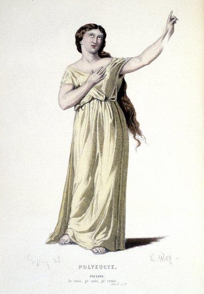 Het personage Pauline in de tragedie Polyeucte martelaar - Volledig Theater: (Verzameling toneelstukken van Corneille) tekening door Geffroy, gravure door L. Wolff - uitgegeven door Laplace, Sanchez et Cie, Parijs 1884 door Edmond Aime Florentin Geffroy