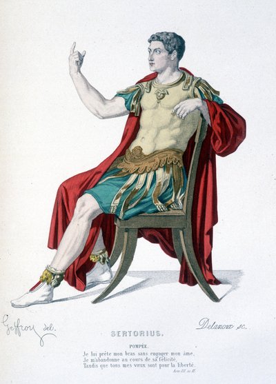 Het personage van Pompee in het toneelstuk Sertorius - Compleet theater: (Collectie van toneelstukken door Corneille) tekening door Geffroy, gravure door Delanoux - ed. Laplace, Sanchez et Cie, Parijs 1884 door Edmond Aime Florentin Geffroy