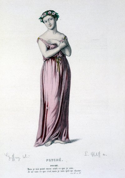 Het personage Psyche in de tragi-komedie en ballet Psyche, Moliere en Corneille - Volledig Theater: (Verzameling toneelstukken van Corneille) tekening door Geffroy, gravure door L. Wolff - uitgegeven door Laplace, Sanchez et Cie, Parijs 1884 door Edmond Aime Florentin Geffroy