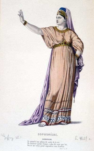 Het personage van Sophonisbe in de tragedie Sophonisbe - Volledig Theater: (Collectie van toneelstukken van Corneille) tekening door Geffroy, gravure door L. Wolff - ed. Laplace, Sanchez et Cie, Parijs 1884 door Edmond Aime Florentin Geffroy