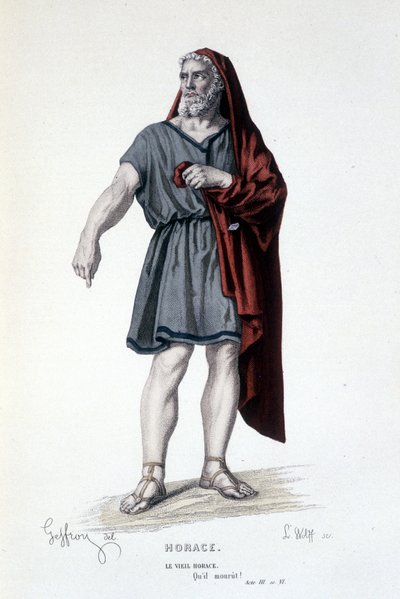 Het personage van de oude Horace in de tragedie Horace - Volledig Theater: (Collectie van toneelstukken van Corneille) tekening door Geffroy, gravure door L. Wolff - ed. Laplace, Sanchez et Cie, Parijs 1884 door Edmond Aime Florentin Geffroy
