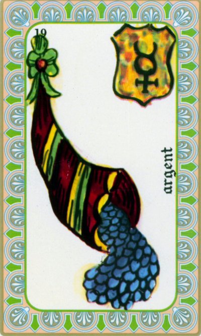 tarot door magus Belline getekend door Edmond Billaudot c. 1845 en gegeven aan helderziende Belline voor heruitgave: kaart van het geld: munten in een hoorn des overvloeds door Edmond Billaudot
