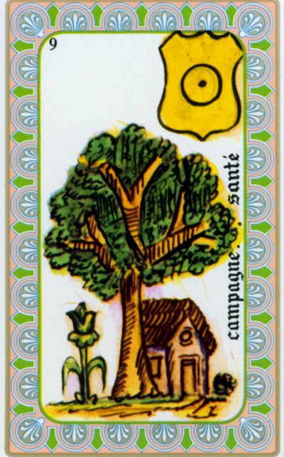 tarot door magiër Belline getekend door Edmond Billaudot ca. 1845 en gegeven aan helderziende Belline voor heruitgave: kaart van de landelijke gezondheid door Edmond Billaudot