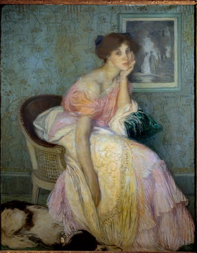Portret van juffrouw Ella Carmichael, gouvernante van kinderen door de kunstenaar Schilderij door Edmond Francois Aman Jean (Aman-Jean, Amand Jean, Aman-Jean) door Edmond François Aman Jean