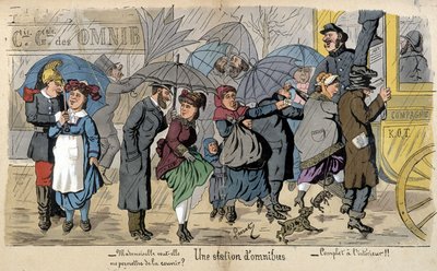 Een omnibusstation in de regen - humoristische tekening door Lavrate, circa 1880 door Edmond Lavrate
