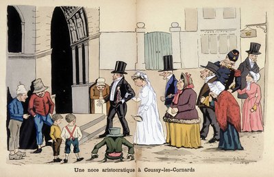 Cartoon over de Franse samenleving door Lavrate: een aristocratische bruiloft in Coussy les Cornards. 1880 door Edmond Lavrate