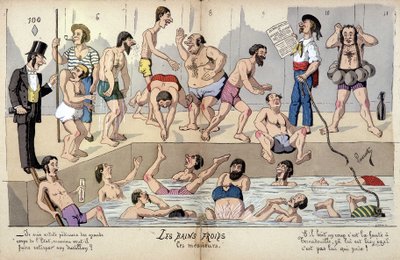 Cartoon over de Franse samenleving door Lavrate: openbare baden door Edmond Lavrate