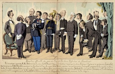 Cartoon over de Franse samenleving door Lavrate: de verschillende figuren uit de overheidsdienst, administratieve diensten... op een officiële receptie. 1880 door Edmond Lavrate