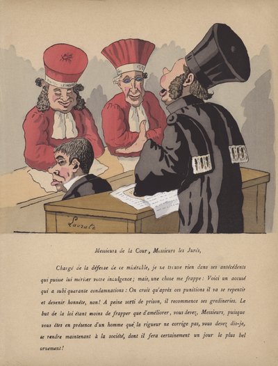 Rechtszaalscène (kleur litho) door Edmond Lavrate