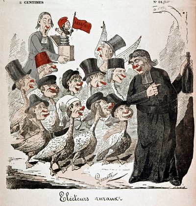 Plattelandskiezers: kiezers afgebeeld als ganzen en aangetrokken door een priester met alcohol - tekening door Lavrate door Edmond Lavrate