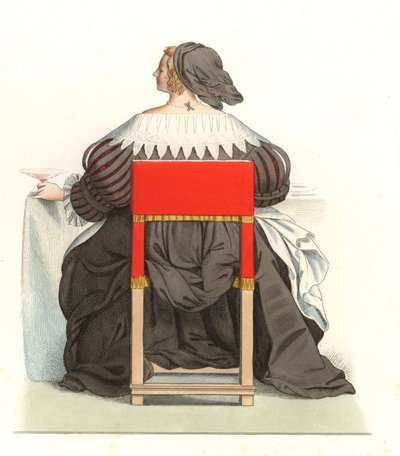 Franse vrouw 17e eeuw, naar een gravure van Abraham Bosse (1602-1676) - Lithografie van een illustratie door Edmond Lechevallier-Chevignard (1825-1902), uit 