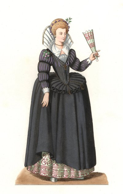 Franse vrouw onder het bewind van koning Hendrik III (1551-1589) - Lithografie gebaseerd op een illustratie door Edmond Lechevallier-Chevignard (1825-1902), uit 