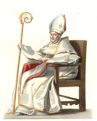 Spaanse Eveque 16e eeuw, gebaseerd op een schilderij van Bartolome Murillo (1617-1682) - Lithografie gebaseerd op een illustratie van Edmond Lechevallier-Chevignard (1825-1902), uit 