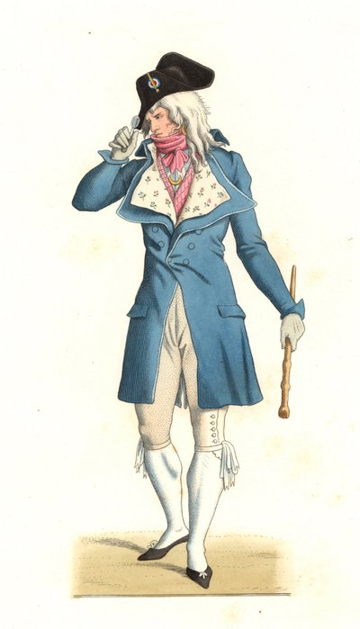 Jonge Franse man geboren in de mode van de Incrediables van de 18e eeuw, naar een schilderij van Carle Vernet (1758-1836) - Lithografie van een illustratie door Edmond Lechevallier-Chevignard (1825-1902), uit 