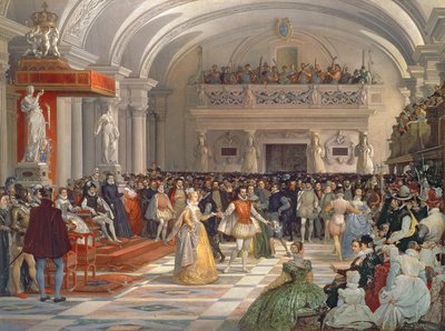 Het huwelijk van Henri de Bourbon, koning van Navarra, met Marguerite de Valois in aanwezigheid van Catherine de Medici en Charles IX in 1572, 1862 door Edmond Lechevallier Chevignard
