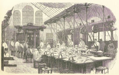 Zilversmeden aan het werk in de Christophle bestekfabriek in Parijs, uitgegeven 1875 (gravure) door Edmond Morin