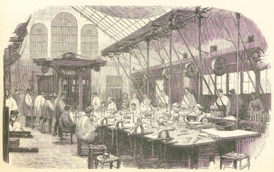 Zilversmeden aan het werk in de Christophle bestekfabriek in Parijs, 1875. door Edmond Morin