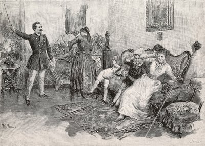 Twee vrouwen en twee kinderen bang gemaakt door intimiderende man, gravure uit illustratie door Edoardo Matania voor het boek Militaire Leven in Italië door Edmondo De Amicis (1846-1908), uit L
