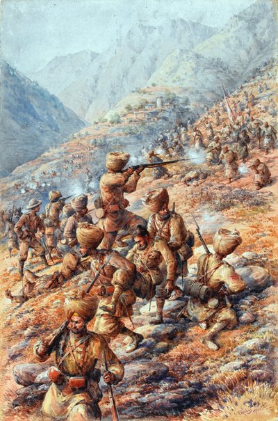 35e (Sikh) Regiment van de Bengalese Infanterie, Malakand Field Force, die een aanval van stammen afslaat door Edmund Arthur Ponsonby Hobday