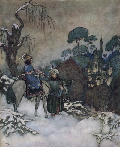 Belle en het Beest: de Belle, die ermee instemde de plaats van haar vader als gevangene van de Bete in te nemen om hem te bevrijden, gaat richting het kasteel door Edmund Dulac