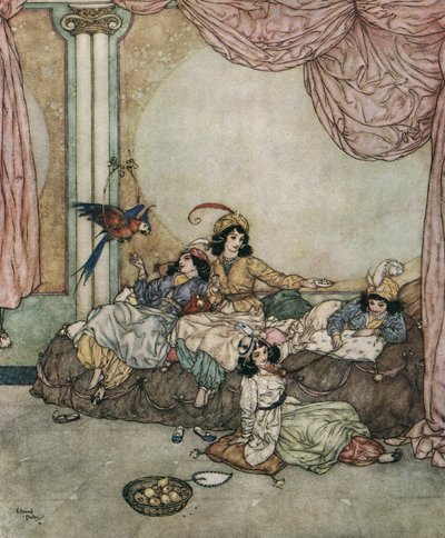 Blauwbaard: De jonge vrouw van Blauwbaard, Fatima, nodigt haar vrienden uit in haar huis terwijl haar man op reis is door Edmund Dulac