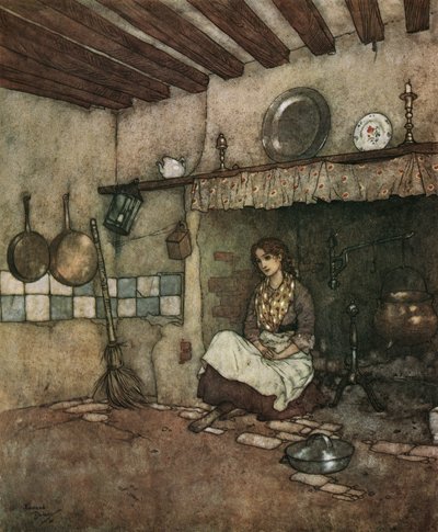 Assepoester: de jonge Assepoester zit tussen de as in de schoorsteen door Edmund Dulac
