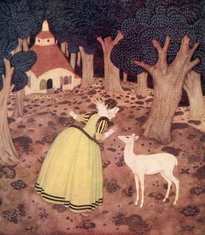 "Giroflee bedankte de fee en ging ver het bos in; en daar zag ze inderdaad een hut en een oude vrouw die buiten zat", illustratie uit het Franse sprookje Het hert van het bos, uit Edmund Dulac