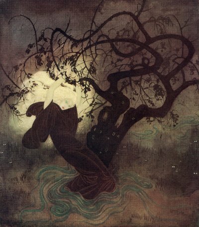 "In haar wanhopige worstelingen viel de kap van haar mantel terug van haar verblindend gouden haar, en onmiddellijk werd de hele plaats overspoeld met licht", illustratie uit het Engelse sprookje The Buried Moon, uit Edmund Dulac