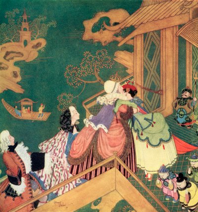 "Laideronnette kuste en omhelsde de goede Fee Beschermster", illustratie uit het Franse sprookje De Groene Slang, uit Edmund Dulac