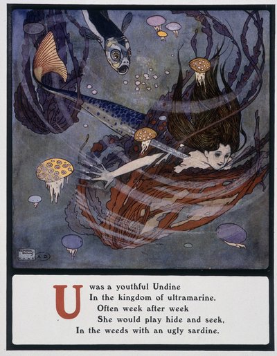 Letter U (Undine), zeemeermin onder de zee, c.1908 door Edmund Dulac