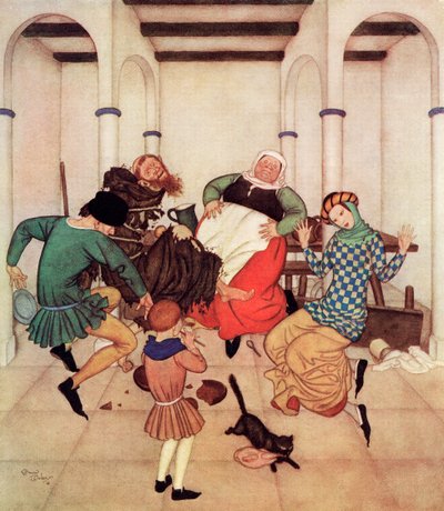 De monnik, stevig vastgebonden aan de paal, kronkelde en wrikte, duidelijk tonend dat hij zou vluchten als hij kon, illustratie uit het Engelse sprookje De monnik en de jongen, uit Edmund Dulac