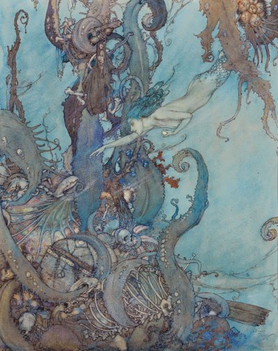 De Kleine Zeemeermin, "Bij het zien van de heldere vloeistof deinsden ze terug in angst" door Edmund Dulac