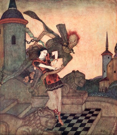 "De Prins, kijkend naar buiten, zag hem de Prinses grijpen en snel wegvliegen", illustratie uit het Servische sprookje Het Verhaal van Bashtchelik, uit Edmund Dulac
