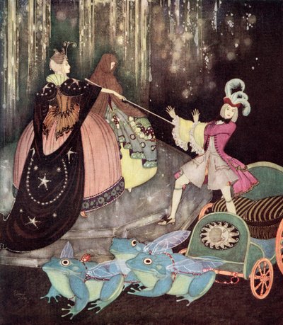 "De prins nam een koets getrokken door drie grote kikkers met grote vleugels. Truitonne kwam mysterieus naar buiten door een klein deurtje", illustratie uit het Franse sprookje De Blauwe Vogel, uit Edmund Dulac