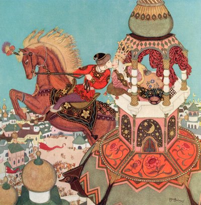 "Het kastanjebruine paard leek in de lucht te blijven hangen bovenaan zijn sprong terwijl die kus duurde", illustratie uit het Russische sprookje Ivan en het Kastanjebruine Paard, uit Edmund Dulac