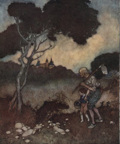 De schone slaapster: torens van het kasteel van de prinses verschijnen boven de bomen door Edmund Dulac