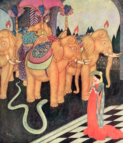 "Toen Grannmia haar vreemde minnaar zag, bleef zij alleen kalm en moedig", illustratie uit het Italiaanse sprookje De Slangenprins, uit Edmund Dulac